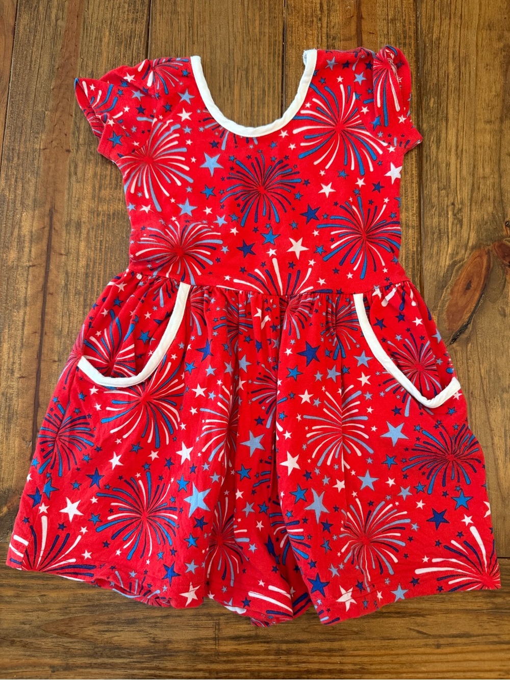 Eleanor Rose Girls Red Fireworks Pocket Romper - Size 5-6